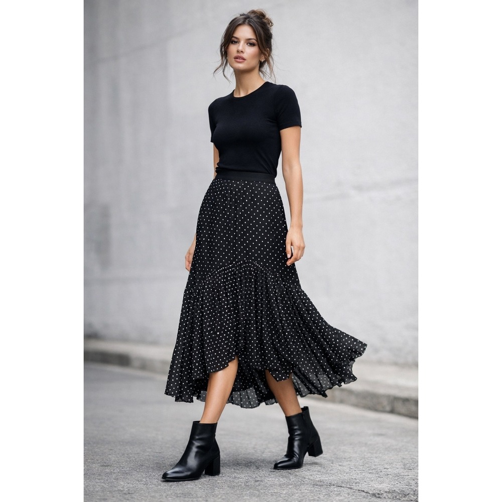 AllSaints Skirt Black Polka Dot Size 6 Pleated Mesh High Low Tiered Midi